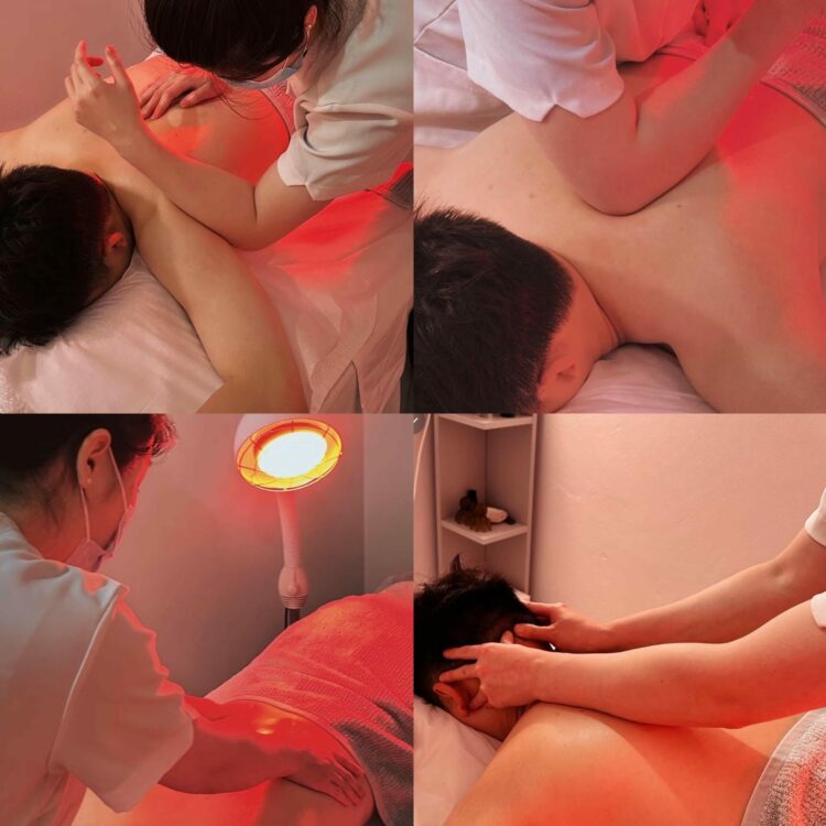 A series of treatment scenes showcasing Remedial Massage at Mosman Physio. The images highlight a therapist applying targeted techniques across the back, shoulders, and neck, supported by therapeutic heat to enhance muscle relaxation, relieve tension, and promote recovery in a calm clinical setting.